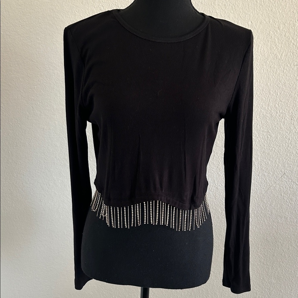Black Long Sleeve Top with Rhinestone Hem